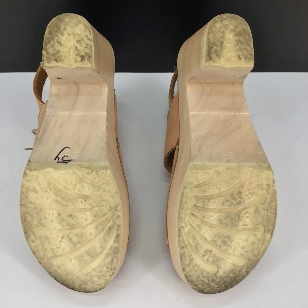 Loeffler Randall Beige Leather Open Toe Block Heel Clog Sandals Size 39 US 8.5